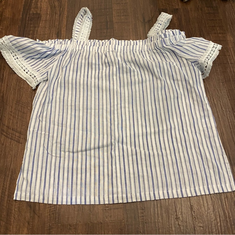 Cotton Bleu Blue & White Striped Off-Shoulder Top from Flaunt Boutique Size M